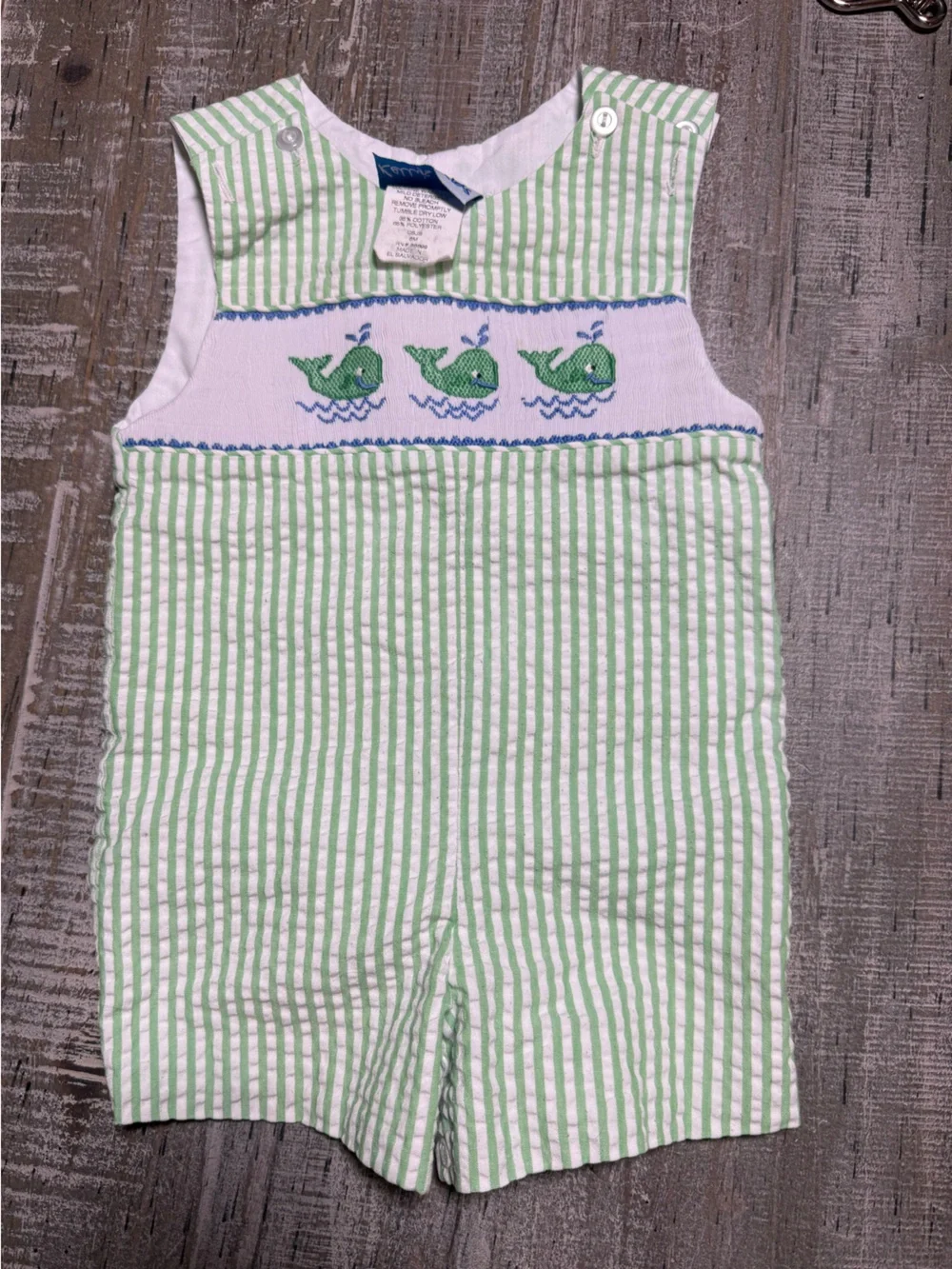 Vintage Kelly's Kids Green Seersucker Smocked Whale Romper 6 Mo Boys